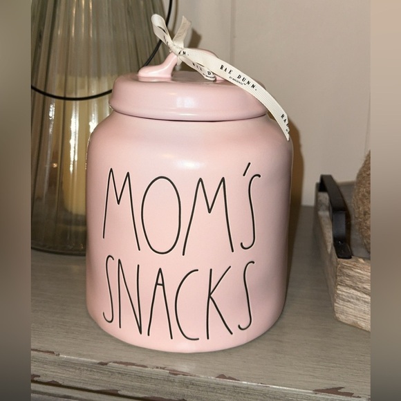 RAE DUNN HTF Ceramic Pink Mom's Snacks Cookie Food Storage 8” Jar w/Lid - Picture 1 of 7